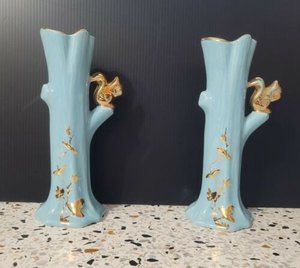 2 VTG Pioneer Pottery #80 Robin's Egg Blue  Tree 22k Gold Squirrel Bud Vase MCM